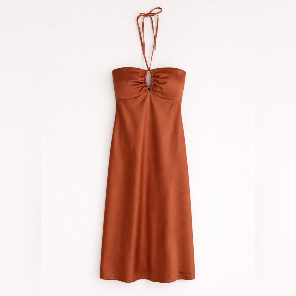 Abercrombie & Fitch Halter Satin Slip MIDI Dress XS Burnt Orange Rust